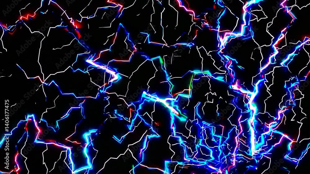 Poster vibrant electric currents branching dynamically across black background, generating intense luminous