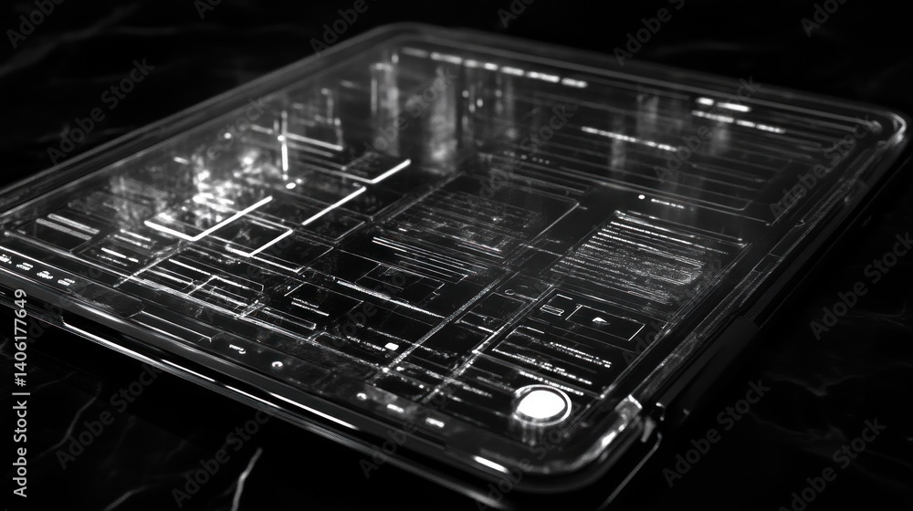 Poster futuristic transparent tablet with glowing circuitry and interactive display for technology and