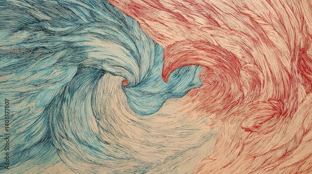 Poster intricate swirl of blue and red abstract patterns.