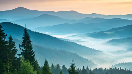 Obraz premium Serene Nature Background with Soft-Focus Forest and Sunrise Sky – Atmospheric Landscape for Design Use