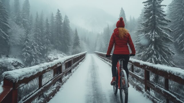 Winter Adventure Cyclist Riding on Snowy Bridge Through Forested Mountains