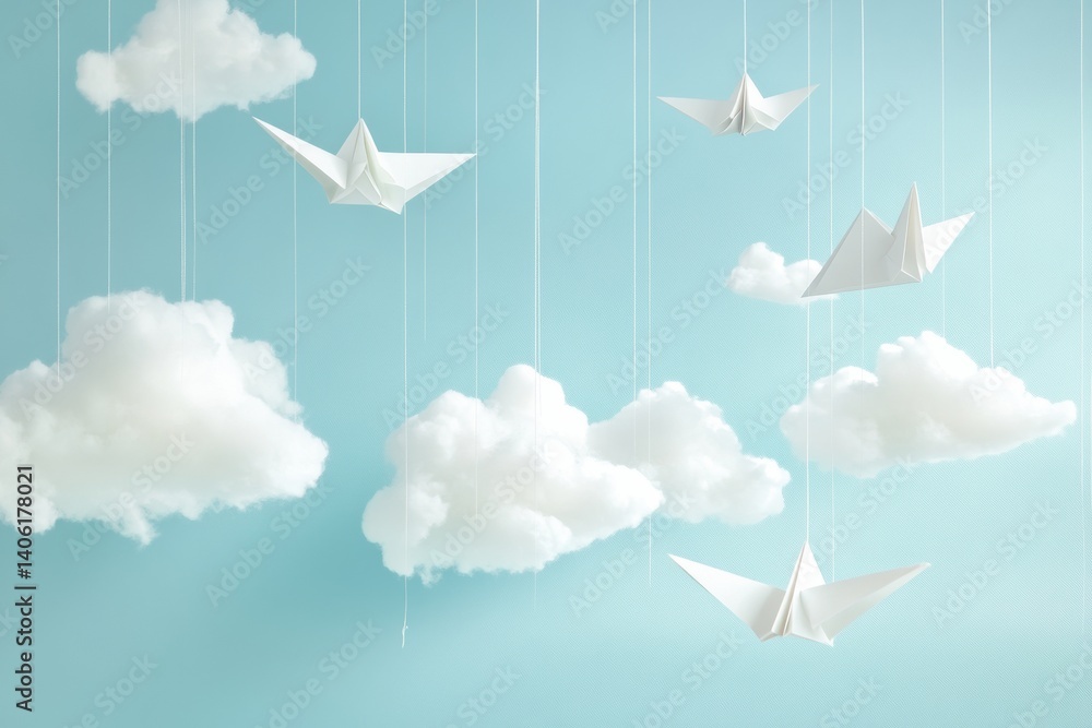 Aufkleber paper planes glide amidst soft clouds in a dreamy blue sky creating a whimsical childlike atmosphere