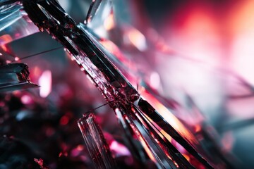 Glitch effect on shattered glass with high contrast lighting and negative space