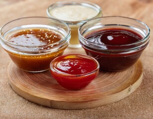 Four glass bowls of barbecue sauces resting on wooden board