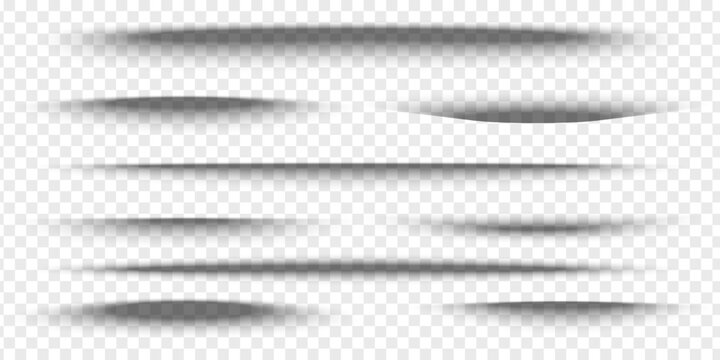 Set of package or box shadow mockups. Different realistic soft grey shapes. Light overlay effects. Shades isolated on transparent background. Vector realistic illustration.