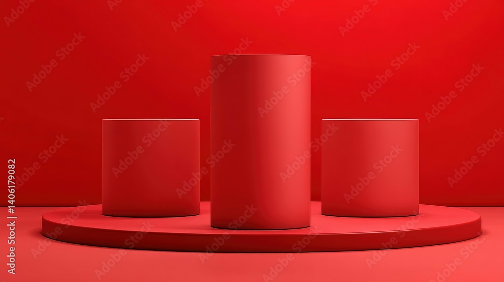 Poster three red cylindrical display platforms on a circular base.