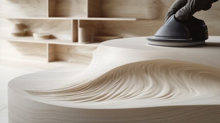 Carpenter sanding wood for a custom piece of furniture. Featuring woodworking and finishing