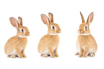 Fototapeta premium Three tan rabbits sitting upright on a white background in a studio shot with good lighting and detail