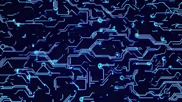 Electronic signals flowing through a complex circuit board pattern create a visually captivating animation with glowing blue lines and nodes on a dark background