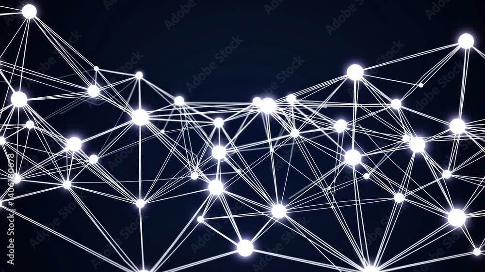 Poster white glowing nodes and lines are expanding, creating a complex network symbolizing connections, dat