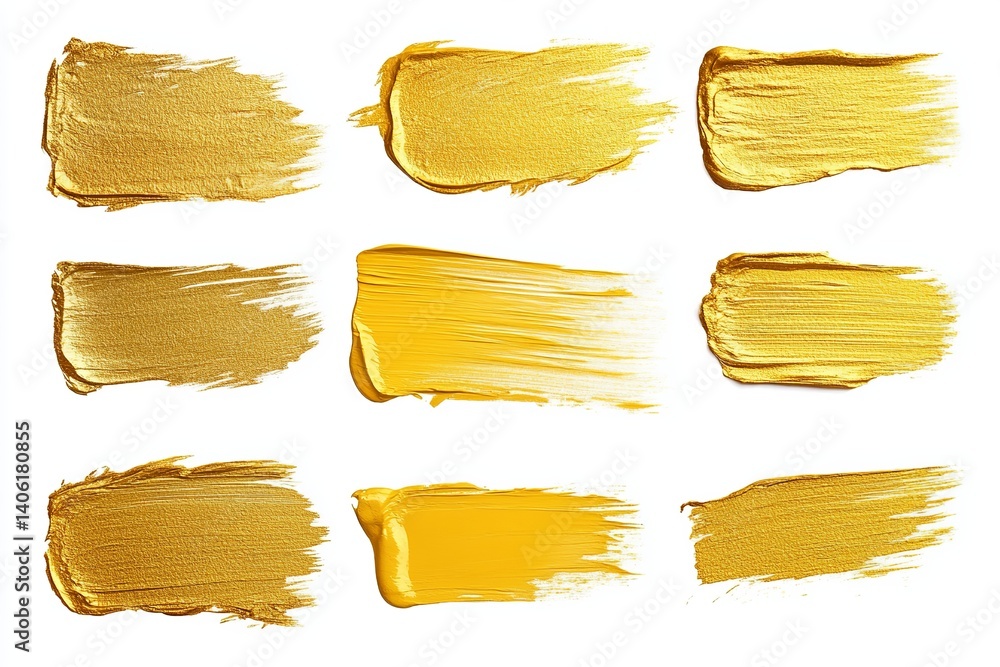 Poster nine golden paint strokes on a white background creating an abstract artistic composition style imag