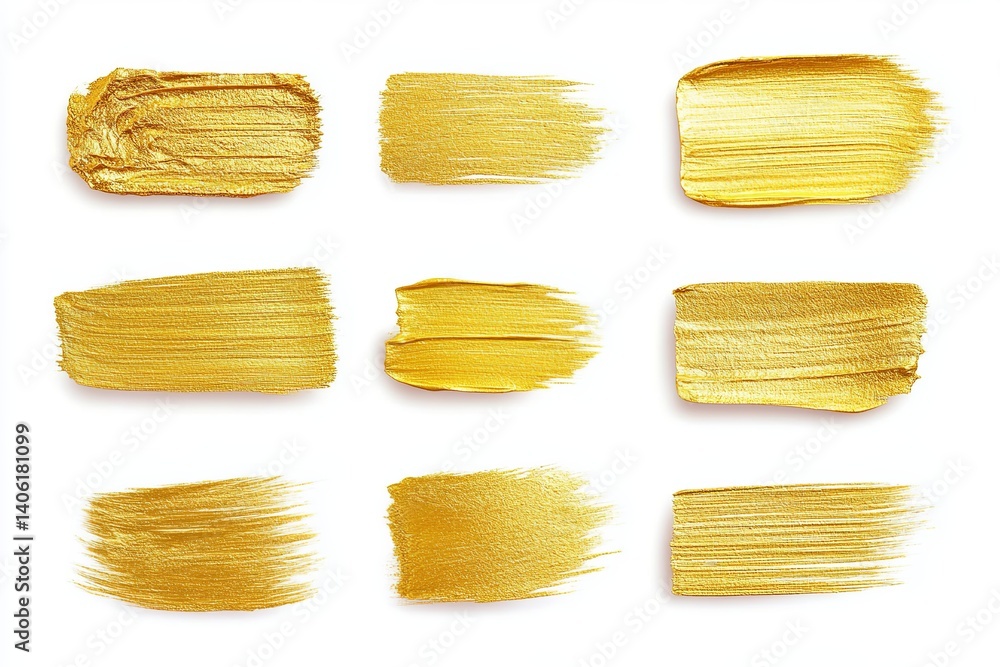 Poster nine golden brush strokes arranged on a white background creating an abstract artistic design look 1