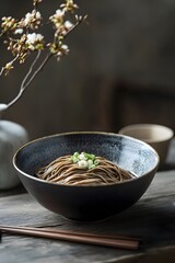 A bowl of swirling buckwheat noodles