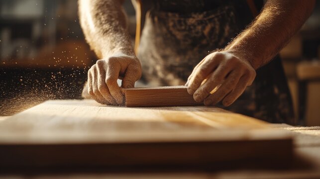Carpenter sanding wood for a smooth finish on a custom project. Featuring precision and craftsmanship