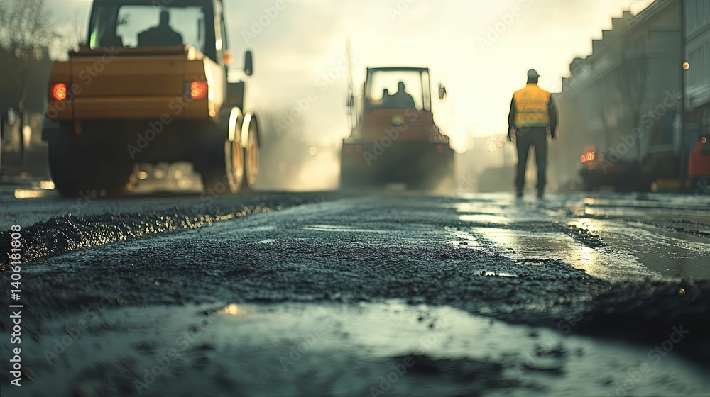 Poster road resurfacing in progress with machinery and worker.