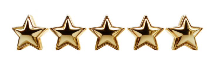Gold-colored five stars in a row, perfect for rankings, ratings, awards, recognition