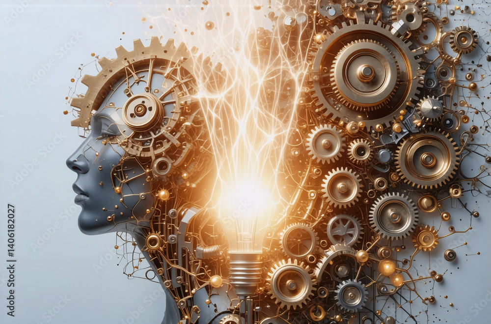 Poster a metallic head profile integrates gears and a glowing lightbulb, symbolizing the fusion of mechanic