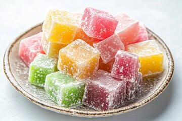 A plate filled with colorful turkish delights dusted with powdered sugar on a white surface top view