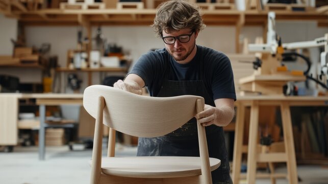 Carpenter sanding wooden furniture in a workshop. Featuring woodworking process