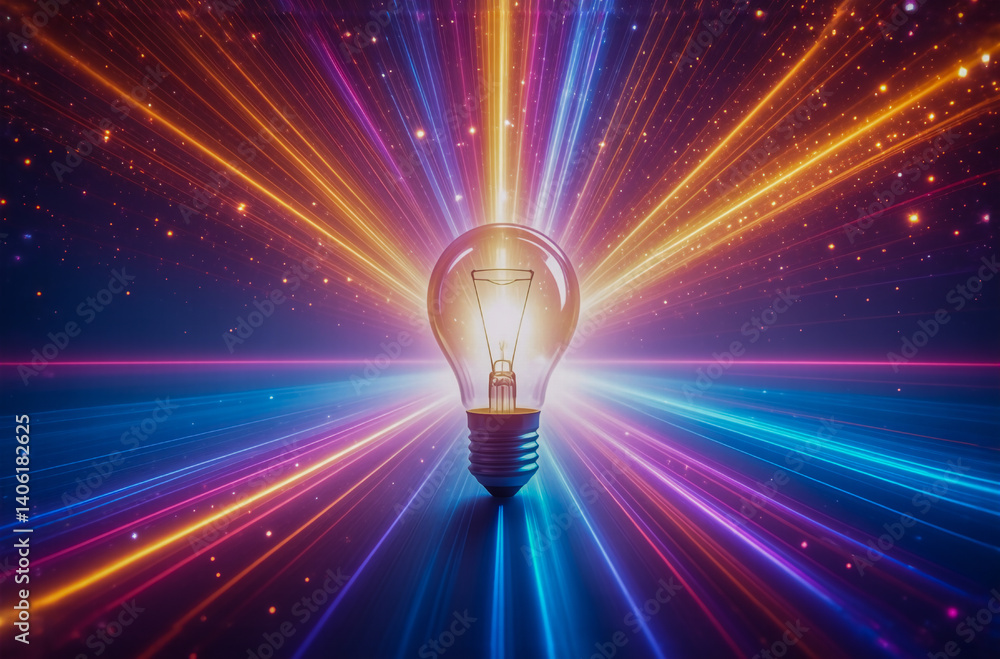 Poster glowing light bulb emits orange and blue rays on a dark background. energy radiates from the bulb, c