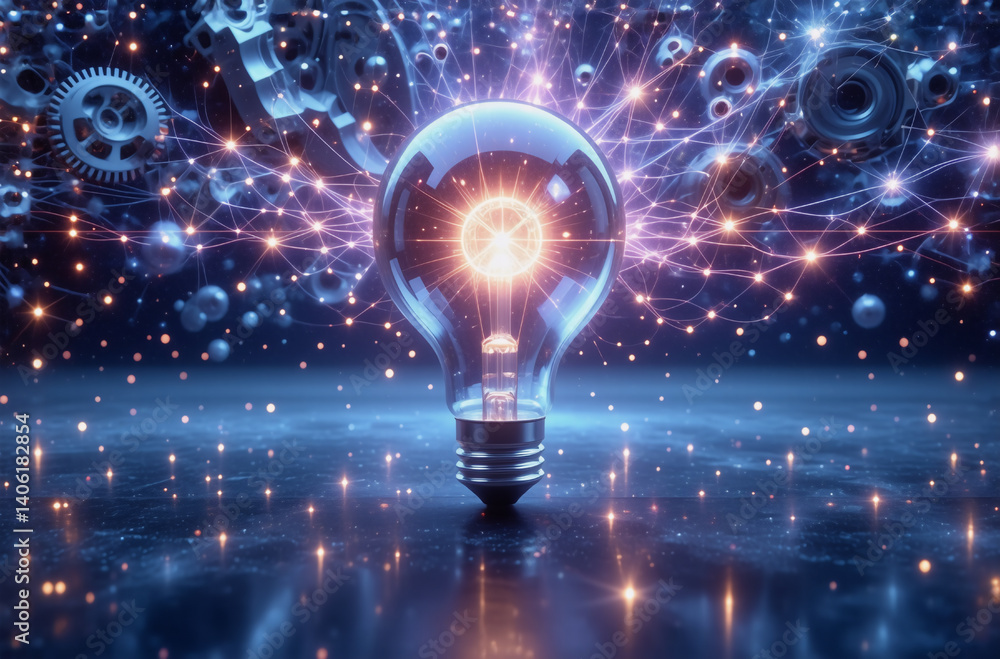 Poster illuminated lightbulb radiates bright energy, surrounded by interconnected gears and glowing particl