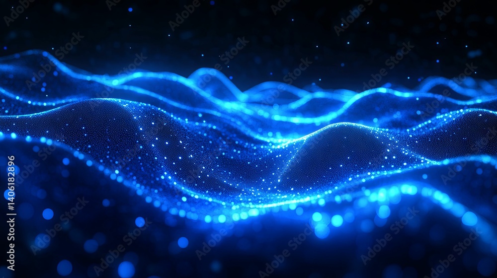 Poster a mesmerizing display of blue glowing particles forming undulating waves.