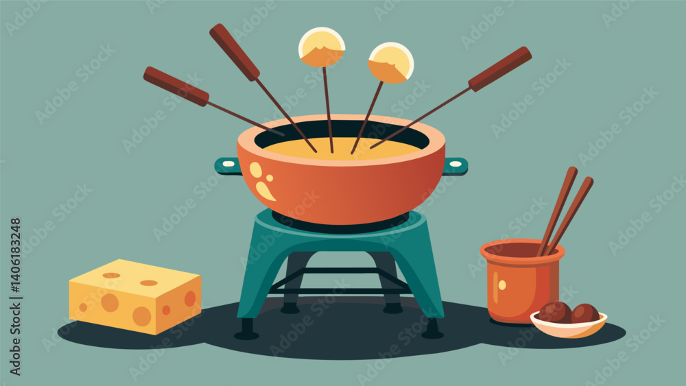 Poster a fondue station is set up complete with a retrostyle pot and skewers for guests to dip into melted 