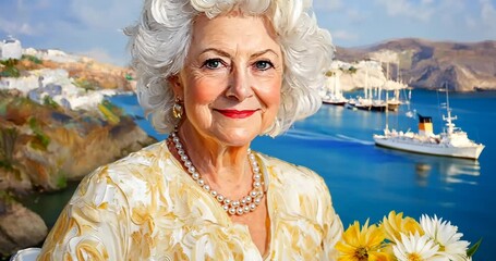 Elegant senior woman enjoying scenic seaside with boats and flowers in bright sunshine - Powered by Adobe