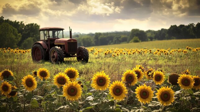 A vintage tractor sits in a field of blooming sunflowers