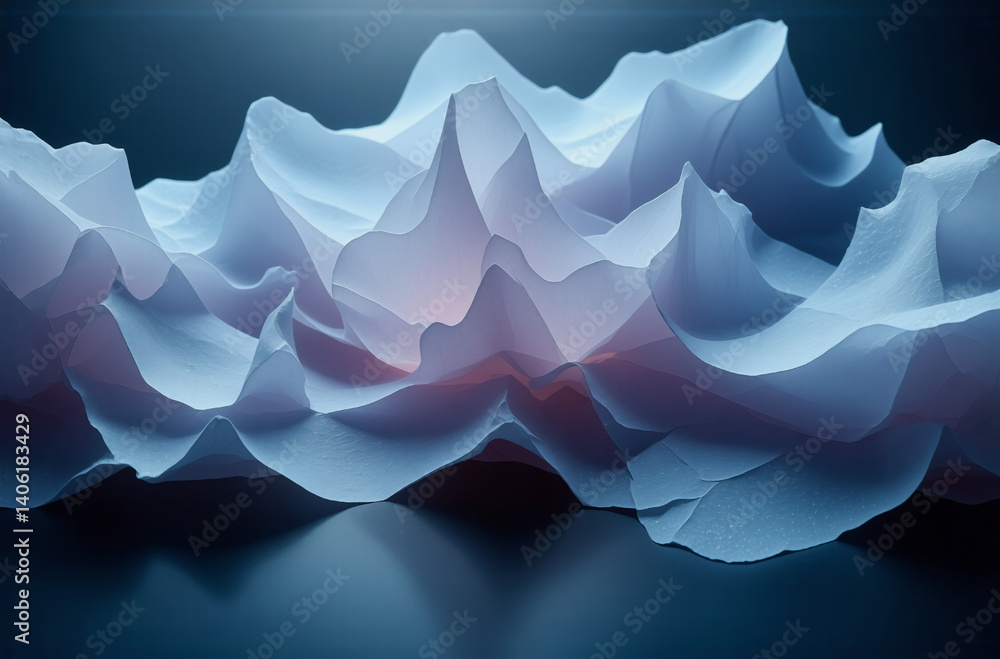 Poster abstract 3d render features soft, wavy mountain-like shapes in light blue and white against a dark b