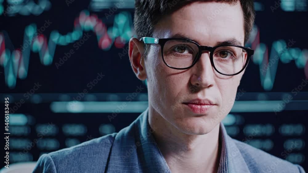 Poster finance professional monitoring real-time stock market data on multiple computer screens, analyzing 