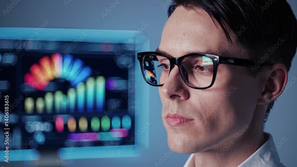 Poster serious professional analyzing complex financial data on computer screen, colorful charts reflecting
