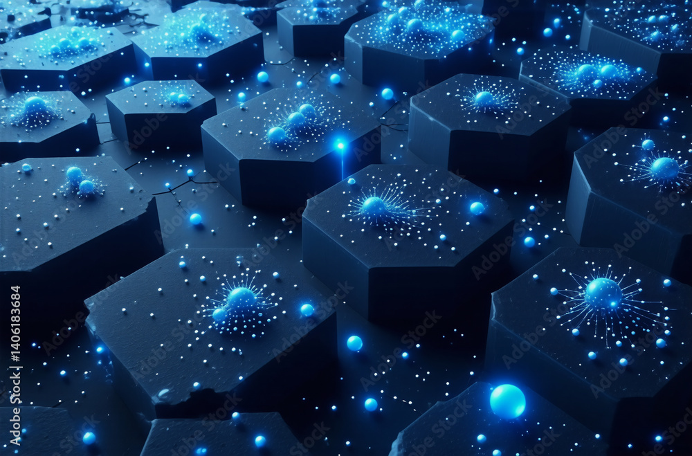Poster a dark surface with hexagonal tiles is illuminated by bright blue glowing dots. the dots are cluster