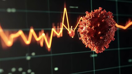 Glowing Orange Lines Representing Data Trends Near Red Virus Cell Against Black Grid Background - Powered by Adobe