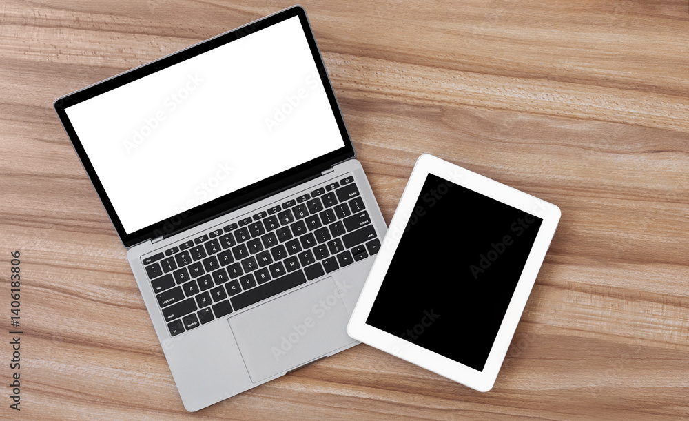 Aufkleber Set of modern technology devices template for responsive design presentation. Mock up of laptop, phone and tablet