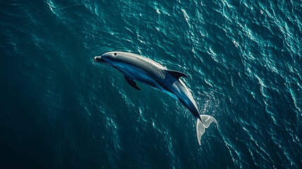 Obraz premium A solitary dolphin gracefully leaps through deep blue ocean waters.