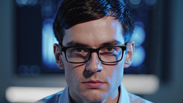 Young male technician wearing glasses, intently monitoring multiple data screens with serious concentration in dimly lit tech environment, displaying professional expertise