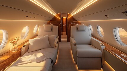 Luxurious private jet interior with comfortable seating and a spacious layout.