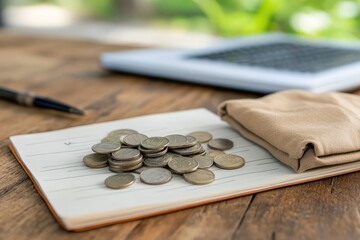 Coins stacked on notebook with laptop represents savings and investment for financial planning
