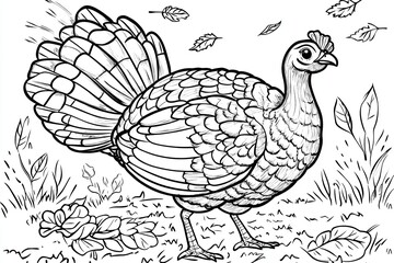 Fototapeta premium A black and white line drawing of a turkey surrounded by leaves and grass illustration art