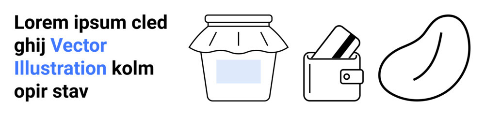 Jar of preserves, wallet with cards, and abstract shape next to Lorem Ipsum text with highlighted words. Ideal for design, marketing, branding, web development, editorial, advertising business
