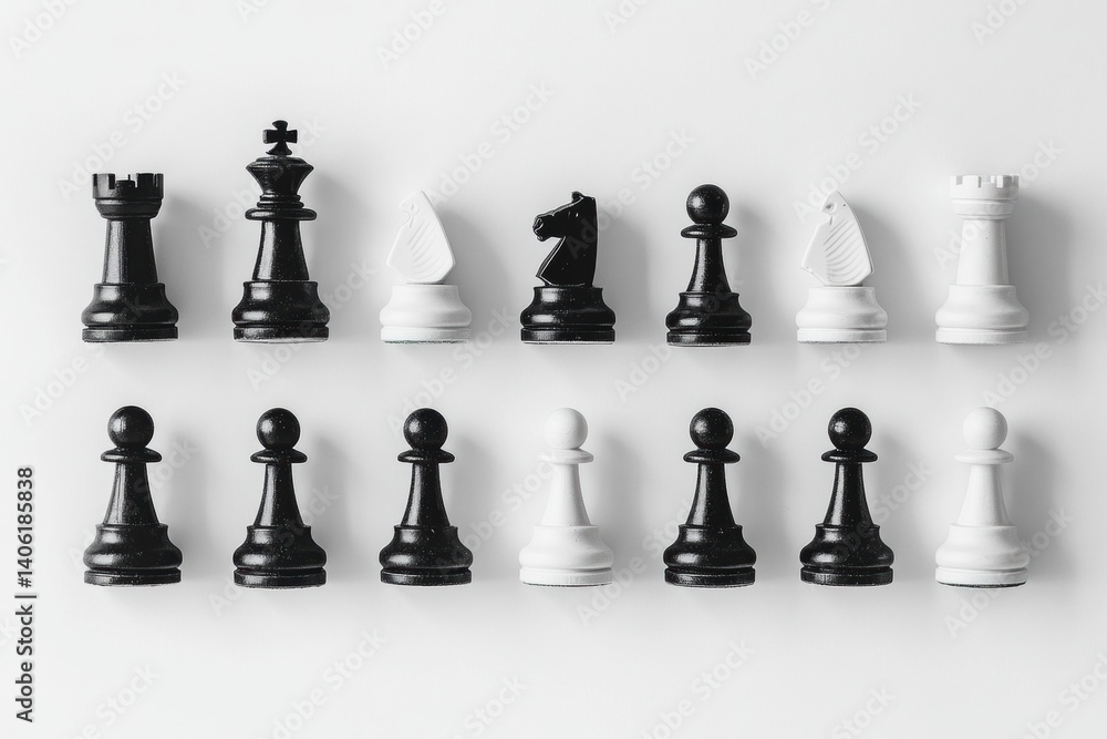 Poster top-down view of neatly arranged black and white chess pieces on a clean white board, showcasing str