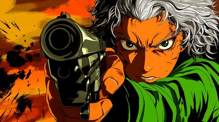 Aggressive Anime Gunman: Intense Close-Up of a Determined Figure with a Handgun