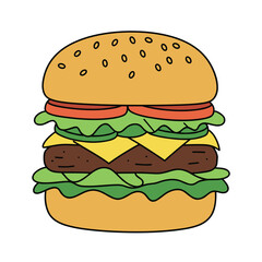 Vegan Burger Vector Illustration. Stacked plant-based patty with lettuce, tomato, cheese. Meatless meal, vegetarian food, healthy fast food concept. Menu graphic, food blog, restaurant icon