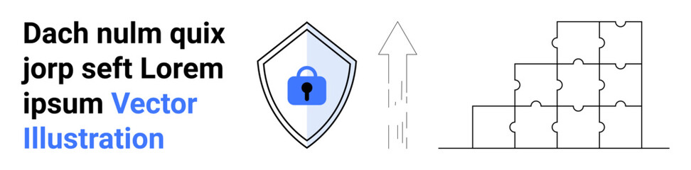Shield with a lock symbol, upward arrow indicating growth, and stacked puzzle pieces suggest protection, strategy, and progress. Ideal for security, teamwork, growth, data protection technology