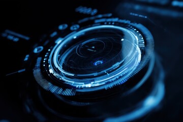 Futuristic tech interface with glitch effect and blue UI lighting with negative space