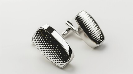 Photorealistic image of an refined silver cufflinks on a white background