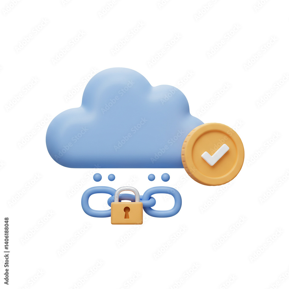 Poster 3d illustration cloud security icon with padlock chain and verification coin design