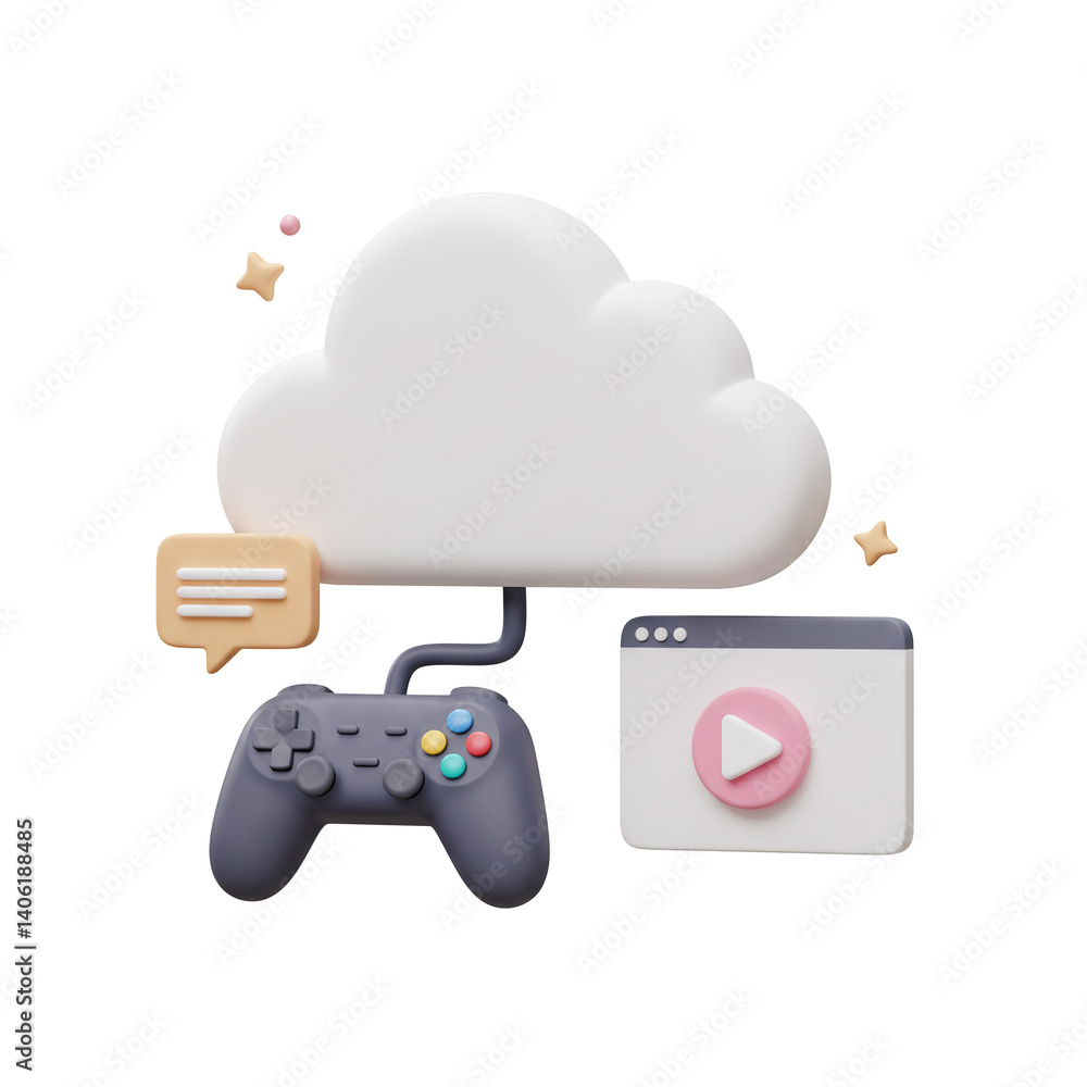 Poster 3d illustration cloud gaming service concept with controller website and chat bubble render