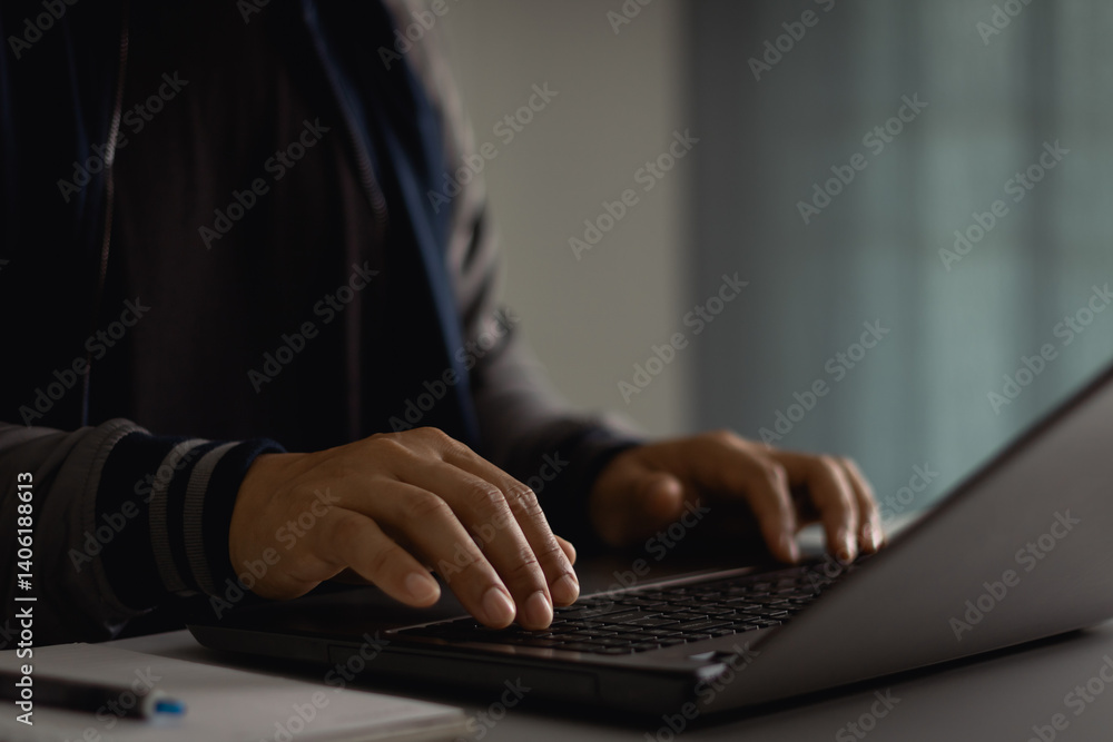 Aufkleber Close up of a freelance developer's hands typing program code on laptop keyboard in coworking. Businessman work online in the workplace. Copywriter writing text on computer keyboard in home office.